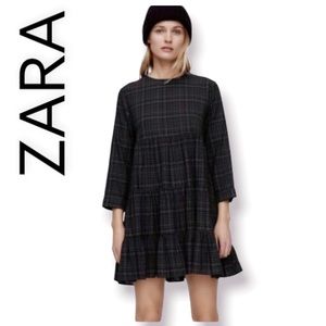 NWT Zara Sharon Dress Size XS Black Gray plaid Tiered Babydoll Dress